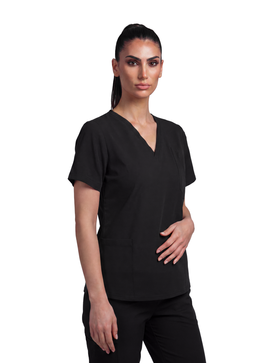 Edg premium scrub top for doctors - Black Magic - worn on model - side pocket