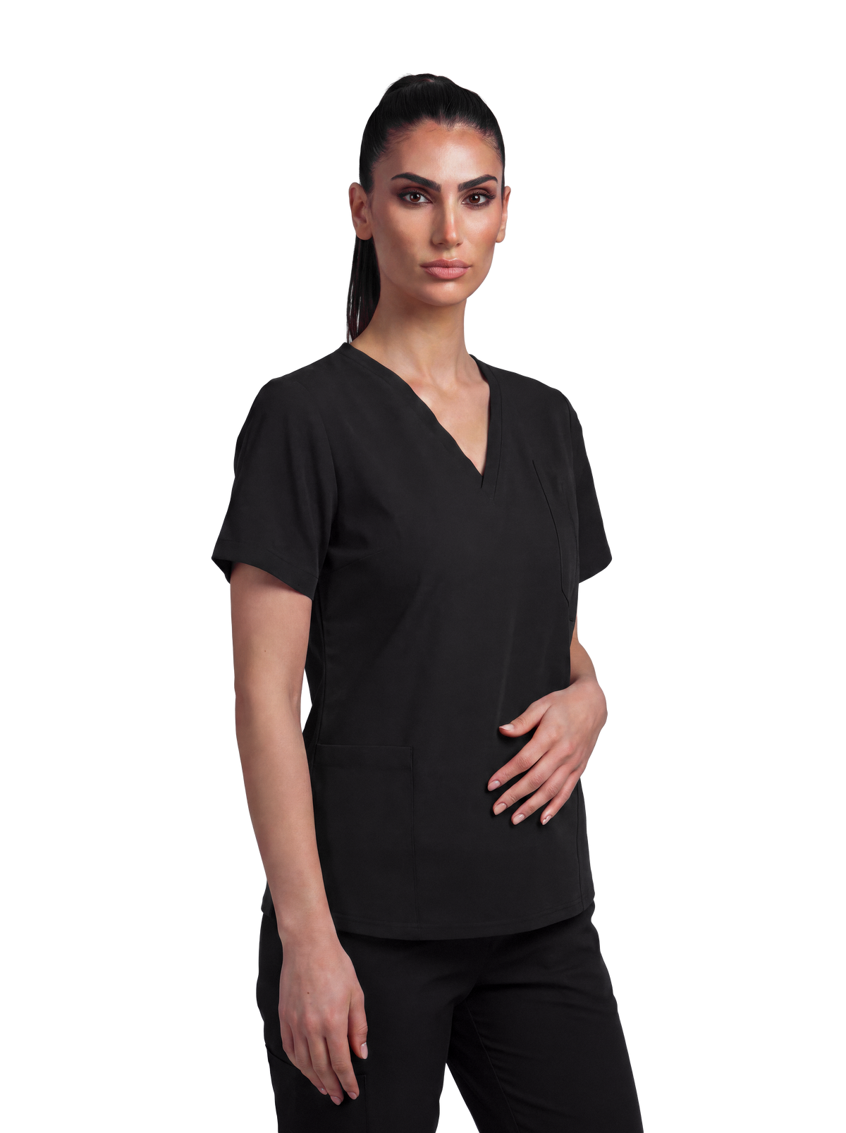 Edg premium scrub top for doctors - Black Magic - worn on model - side pocket