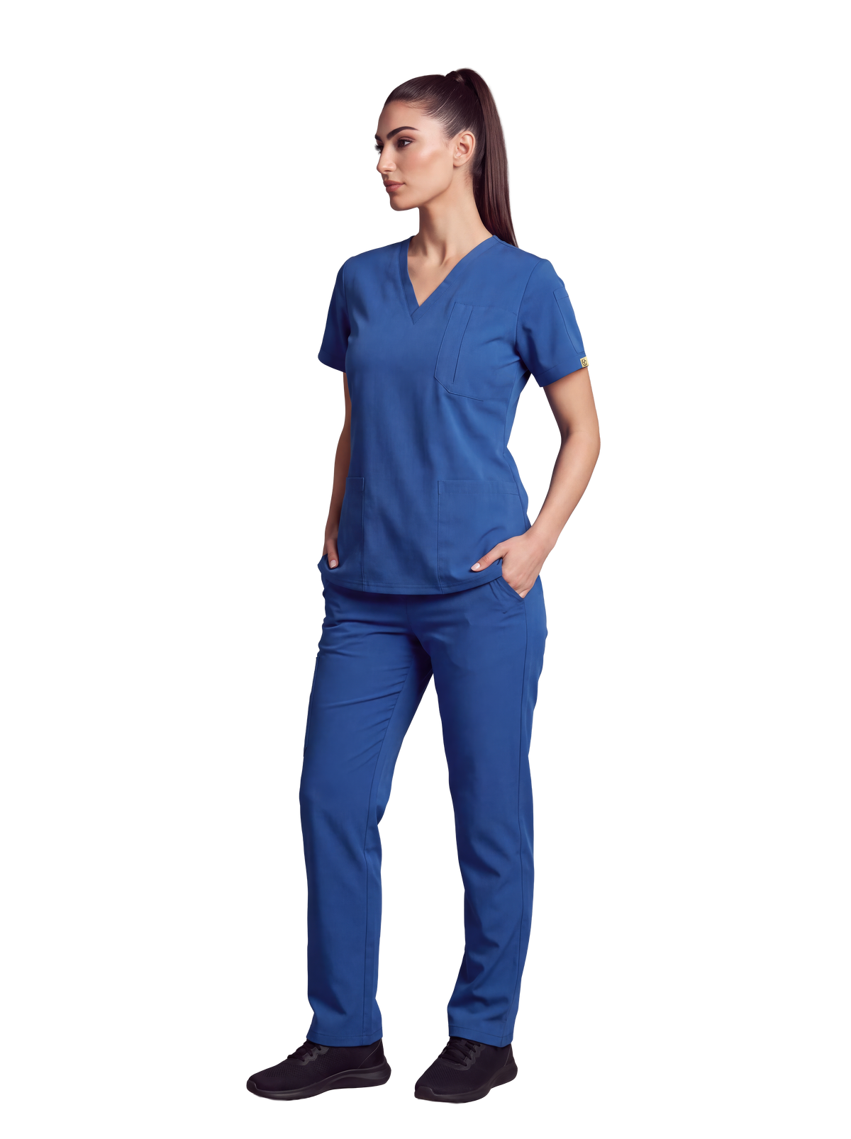 Edg premium scrub top for doctors - Blue Horse - worn - fullview