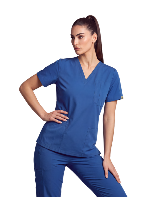 Edg premium scrub top for doctors - Blue Horse - worn on model