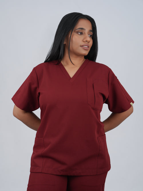 Edg premium scrub top for doctors - Cherry Jam - worn on model