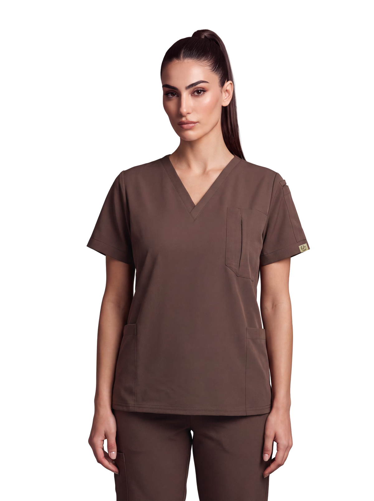 Edg premium scrub top for doctors - Mud Bath - three-quarter side pocket view