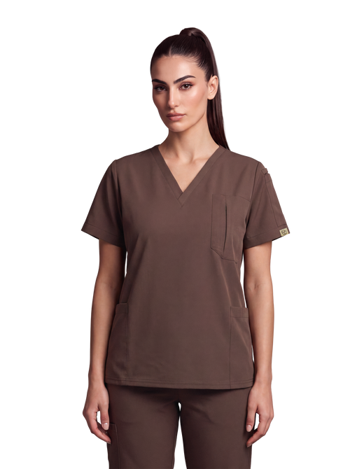 Edg premium scrub top for doctors - Mud Bath - three-quarter side pocket view