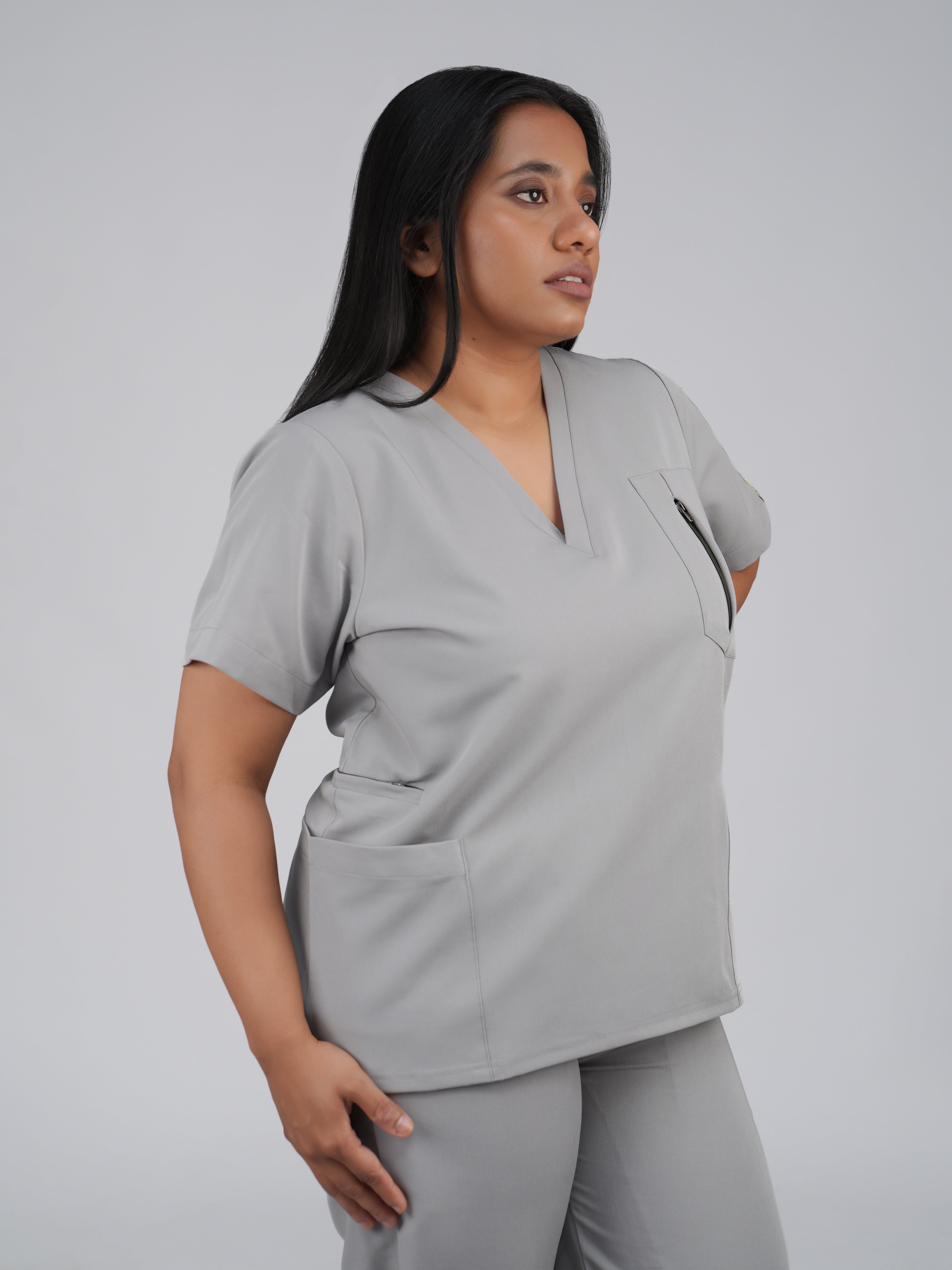 Edg premium scrub top for doctors - Pigeon Ash - three-quarter side view
