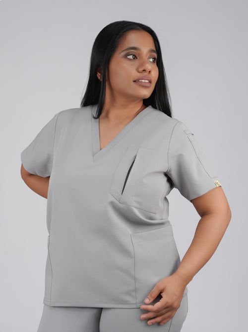 Edg premium scrub top for doctors - Pigeon Ash - worn on model