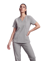 Edg premium scrub top for doctors - Pigeon Ash - worn on model