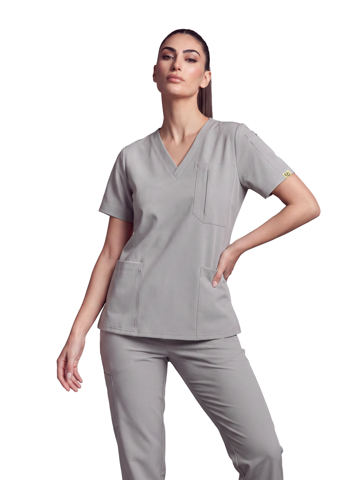 Edg premium scrub top for doctors - Pigeon Ash - worn on model