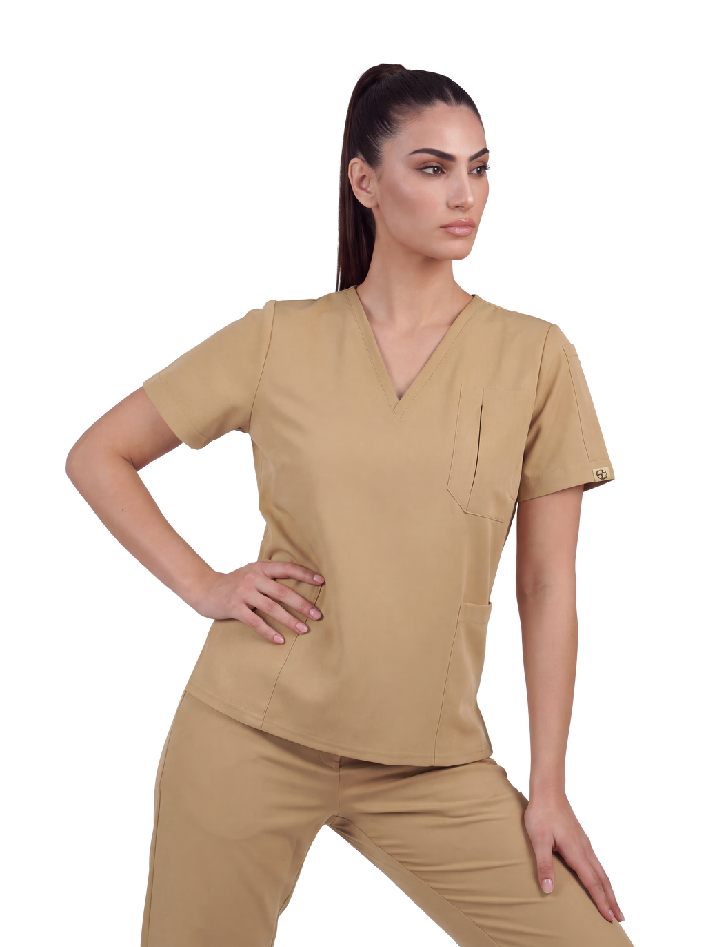 Edg premium scrub top for doctors - Sand Skin - model front