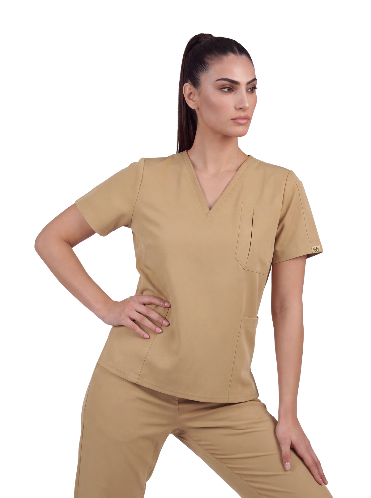 Edg premium scrub top for doctors - Sand Skin - model front
