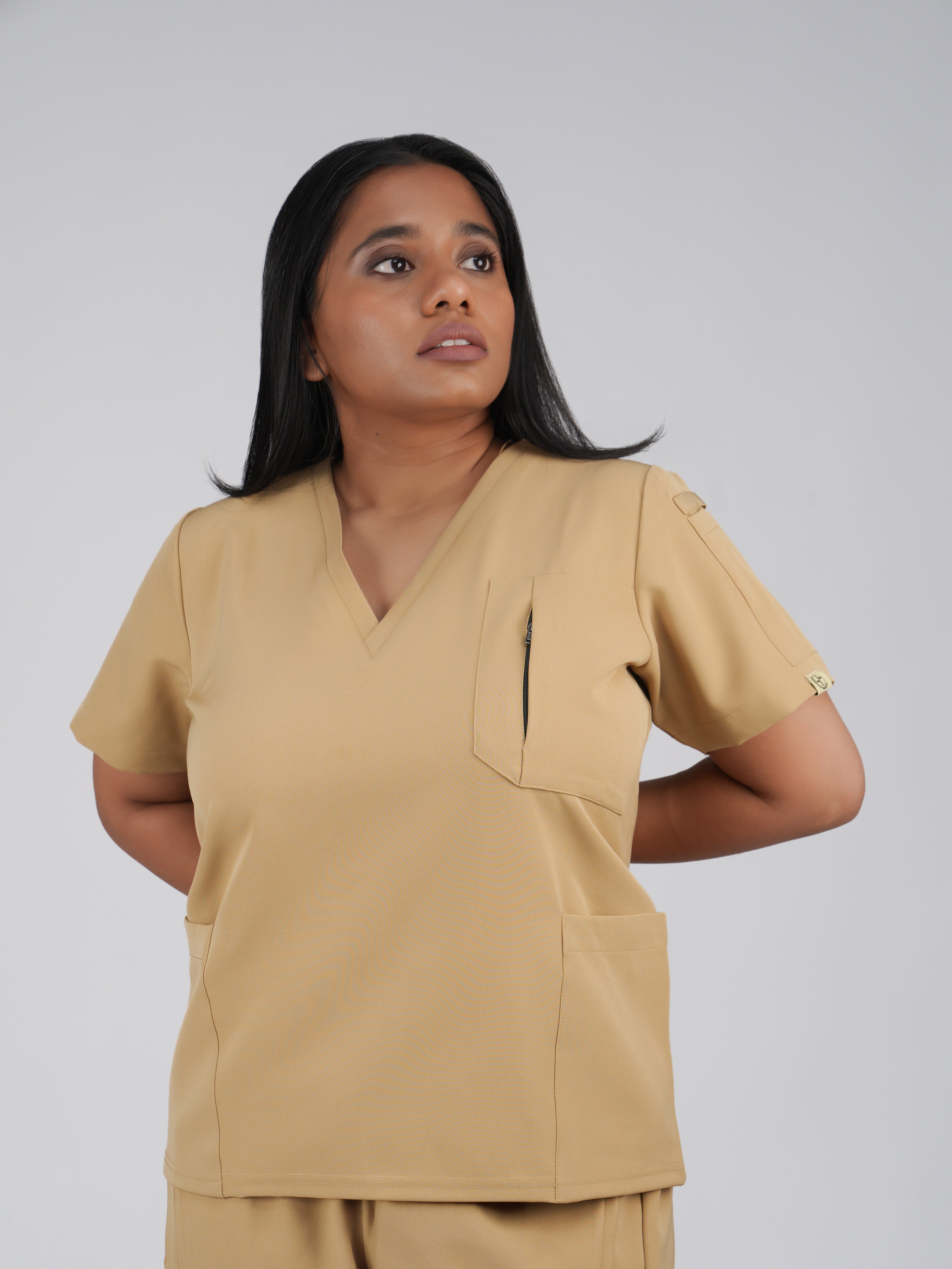 Edg premium scrub top for doctors - Sand Skin - worn on model