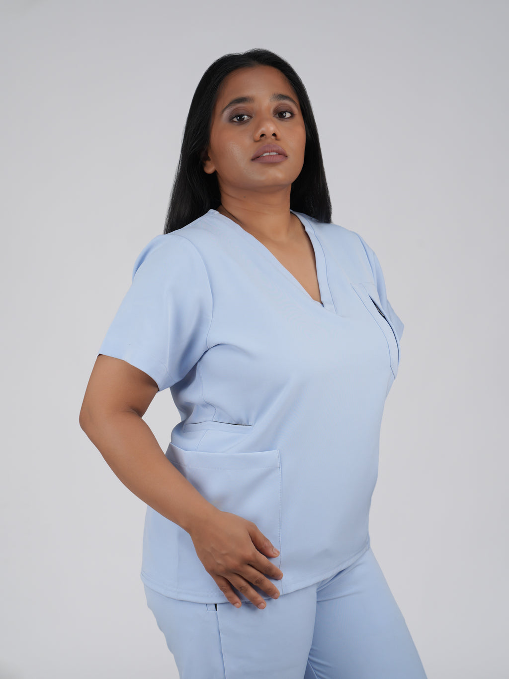 Edg premium scrub top for doctors - Soft Cloud - worn on model