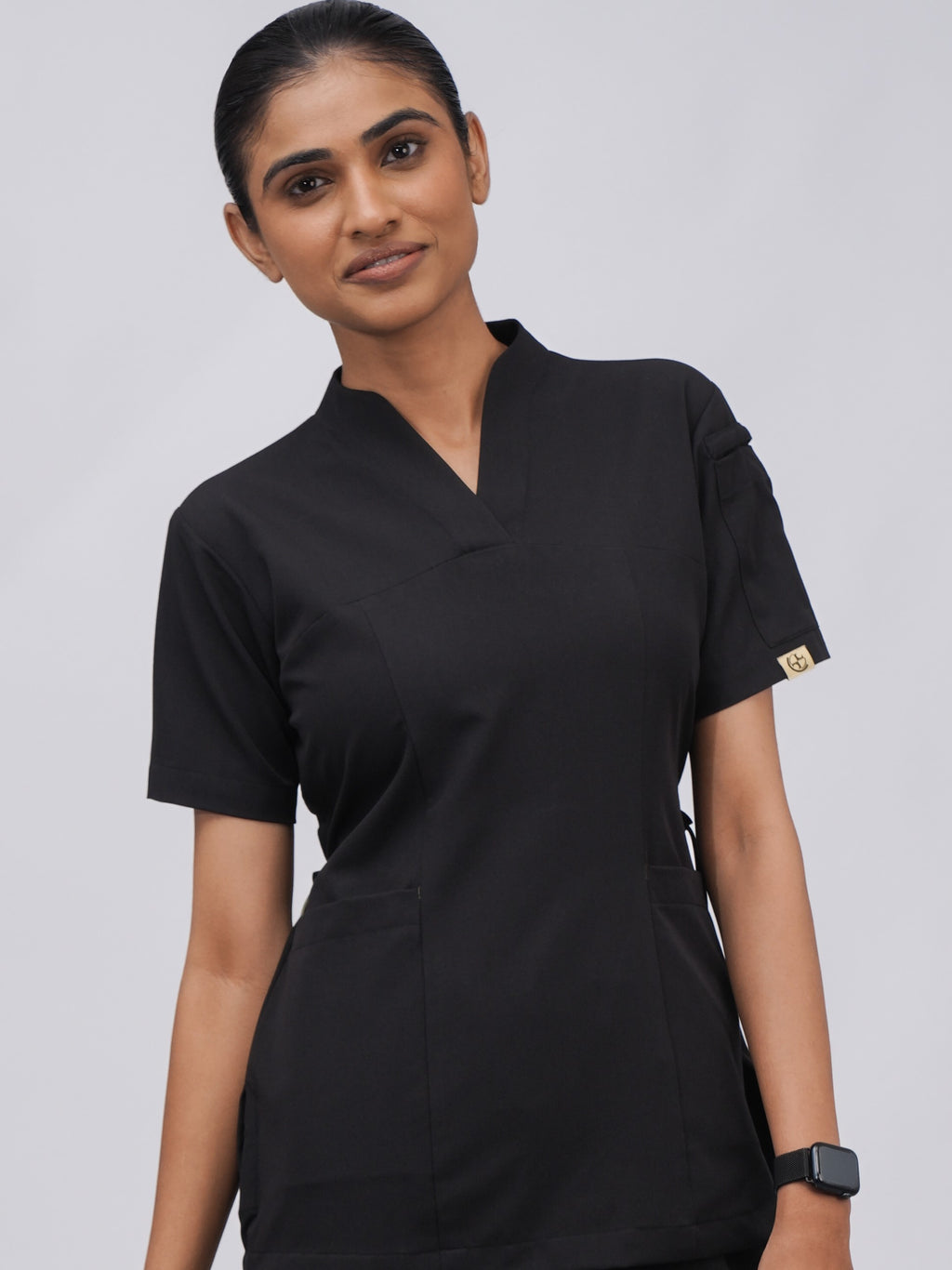 Sqwish premium scrub top for doctors - Black Magic - worn on model