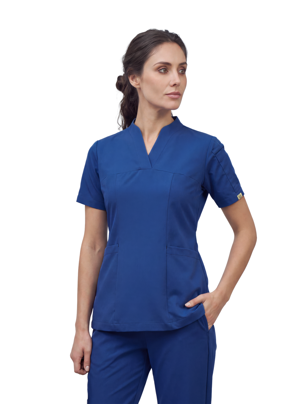 Sqwish premium scrub top for doctors - Blue Horse - worn on model
