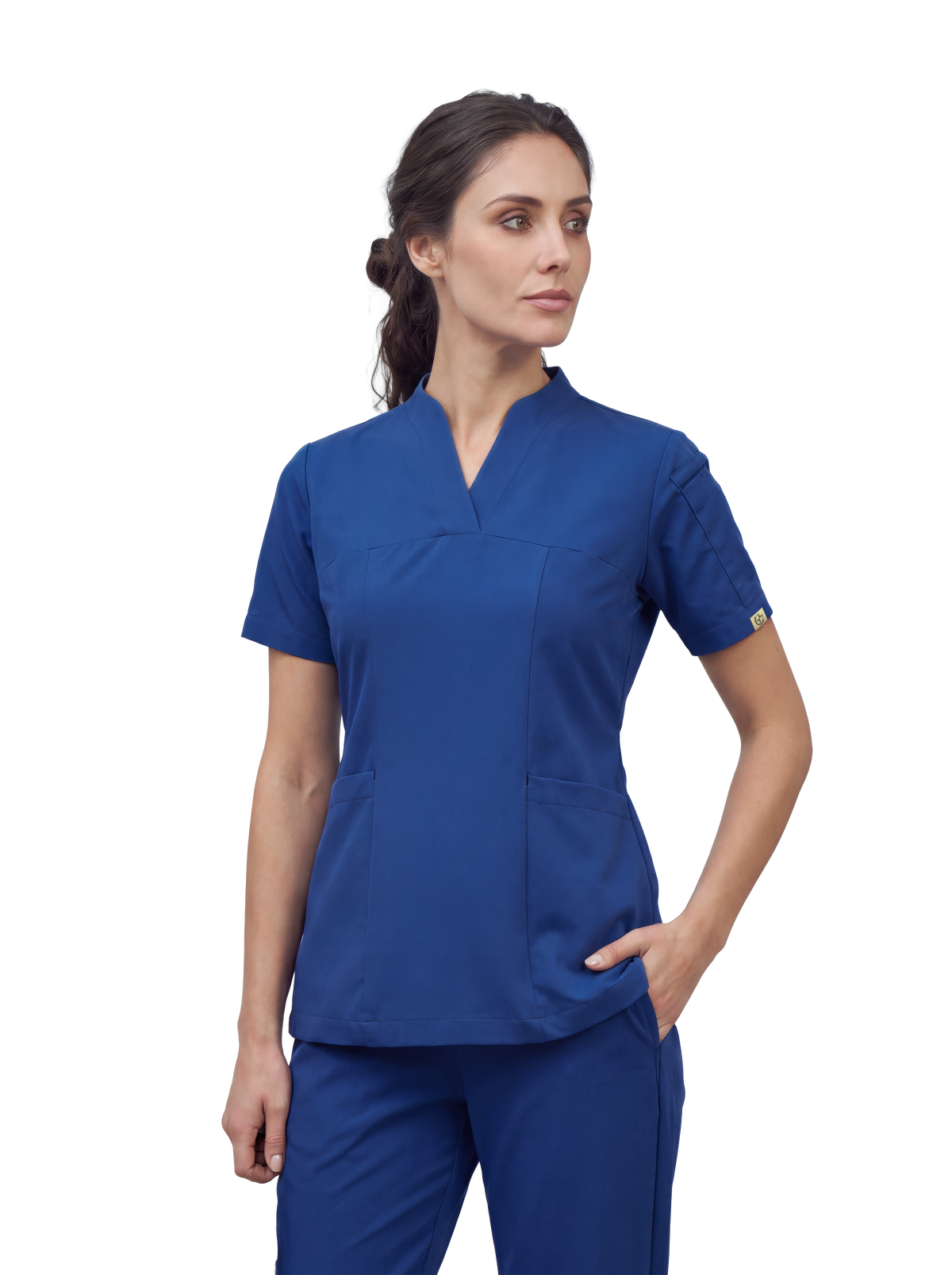 Sqwish premium scrub top for doctors - Blue Horse - worn on model