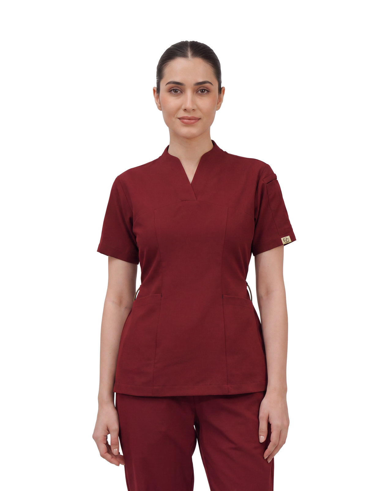 Sqwish premium scrub top for doctors - Cherry Jam  -  front view
