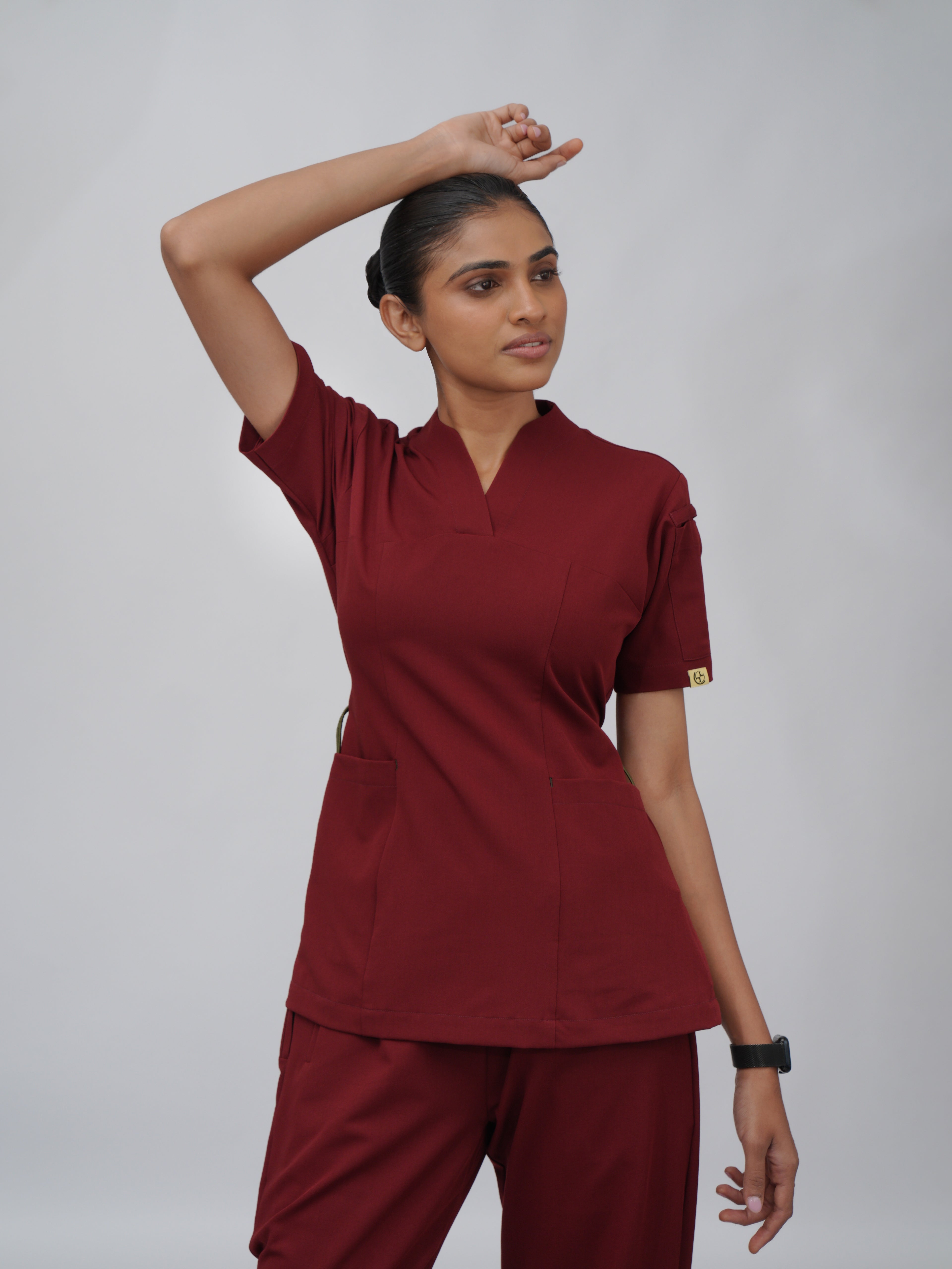 Sqwish premium scrub top for doctors - Cherry Jam - full view