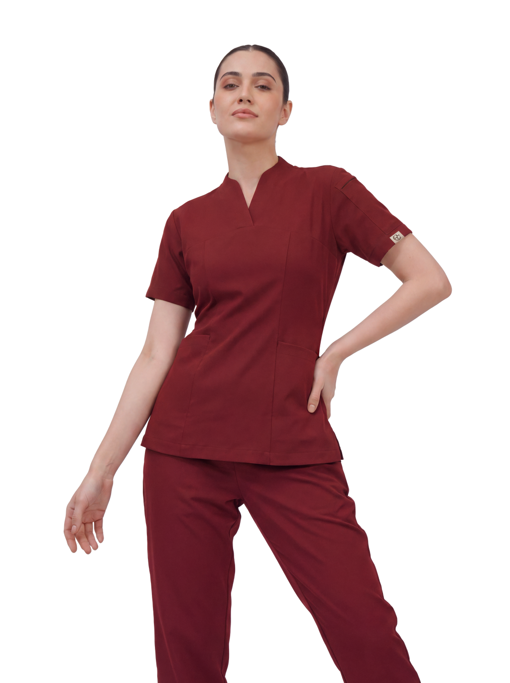 Sqwish premium scrub top for doctors - Cherry Jam - worn on model