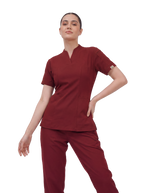 Sqwish premium scrub top for doctors - Cherry Jam - worn on model