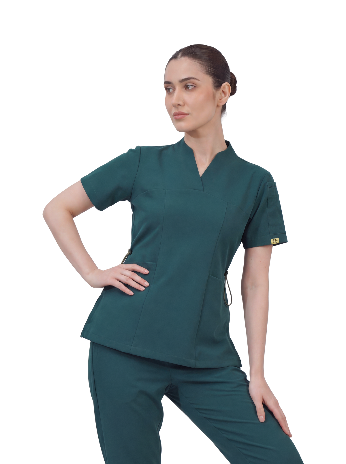 Sqwish premium scrub top for doctors - Frog Forest - worn on model