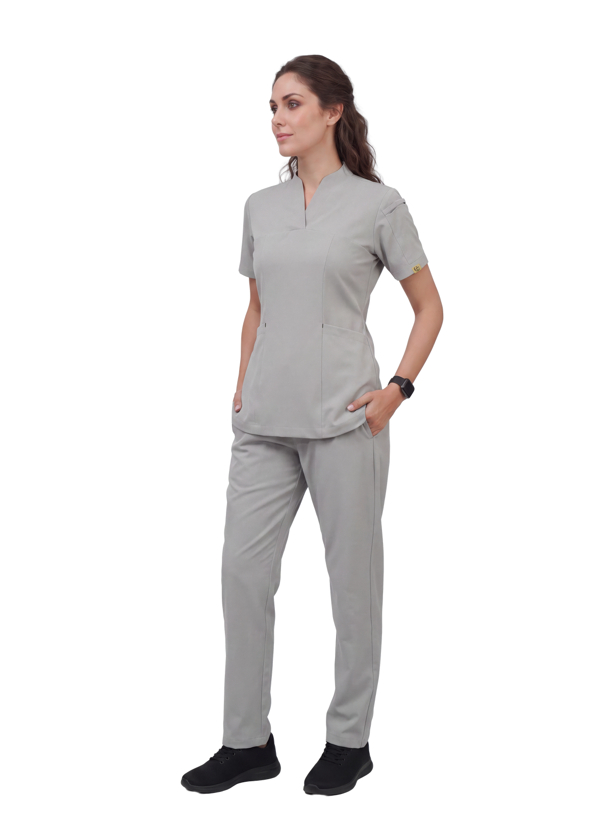 Sqwish premium scrub top for doctors - Pigeon Ash - three-quarter side view
