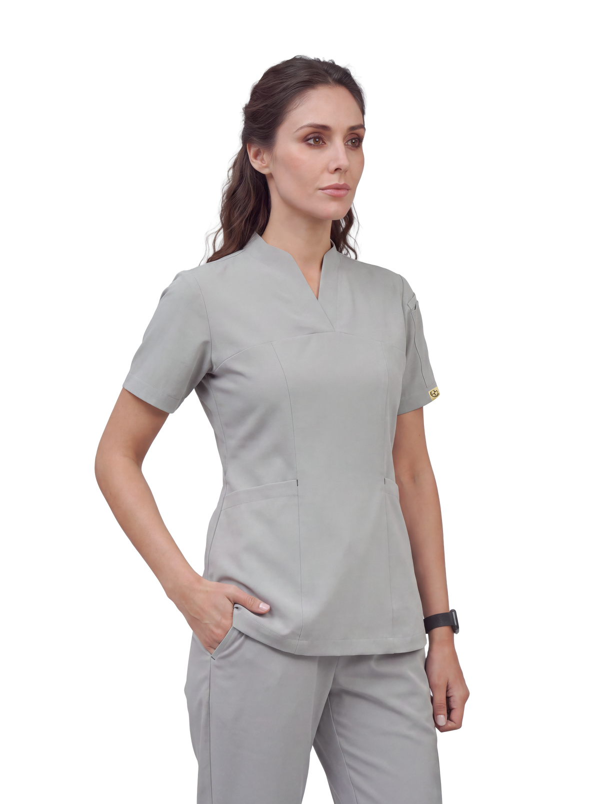 Sqwish premium scrub top for doctors - Pigeon Ash - worn on model