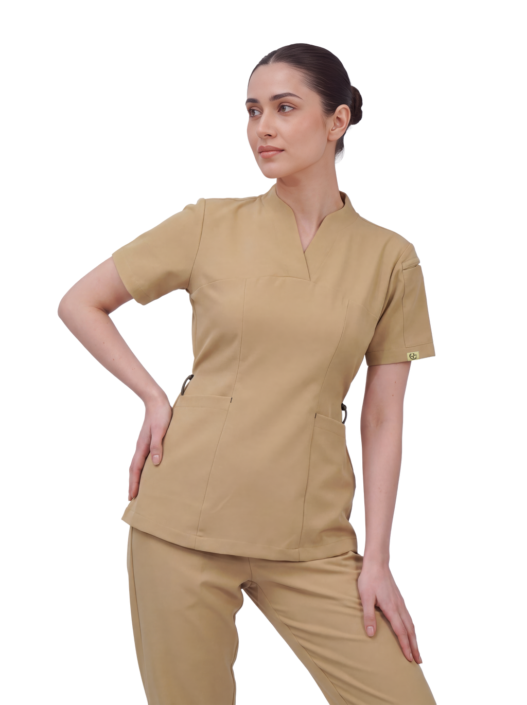 Sqwish premium scrub top for doctors - Sand Skin - front view