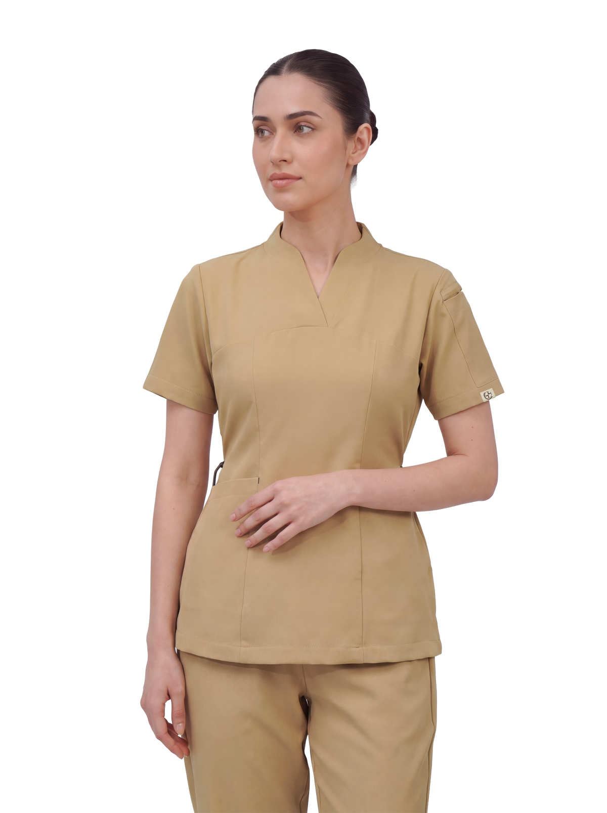 Sqwish premium scrub top for doctors - Sand Skin - three-quarter side 