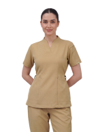 Sqwish premium scrub top for doctors - Sand Skin - worn on model