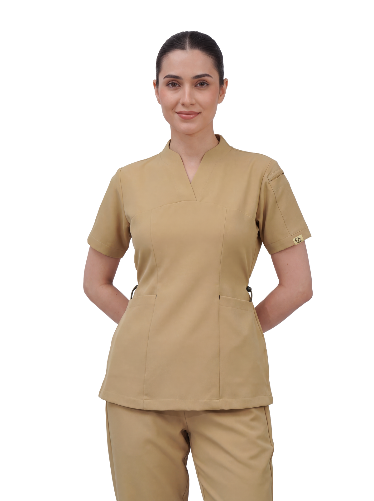 Sqwish premium scrub top for doctors - Sand Skin - worn on model