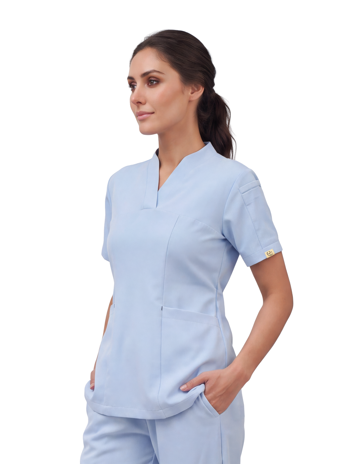 Sqwish premium scrub top for doctors - Soft Cloud - three-quarter side view